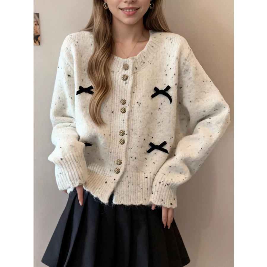 Bow Button Up Ribbed Hem Cardigan White / One Size Apparel and Accessories