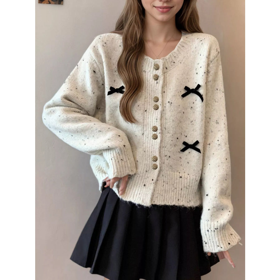 Bow Button Up Ribbed Hem Cardigan White / One Size Apparel and Accessories