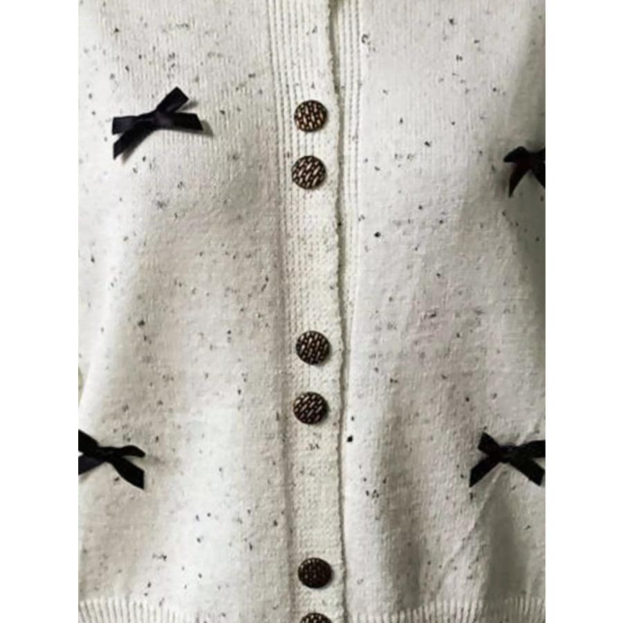Bow Button Up Ribbed Hem Cardigan White / One Size Apparel and Accessories