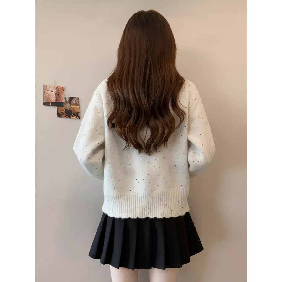 Bow Button Up Ribbed Hem Cardigan White / One Size Apparel and Accessories