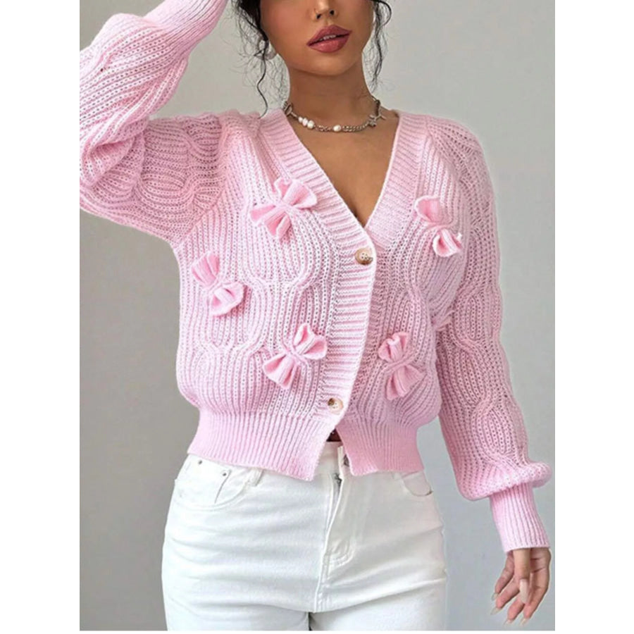 Bow Cable Knit V-Neck Cardigan Pink / S Apparel and Accessories