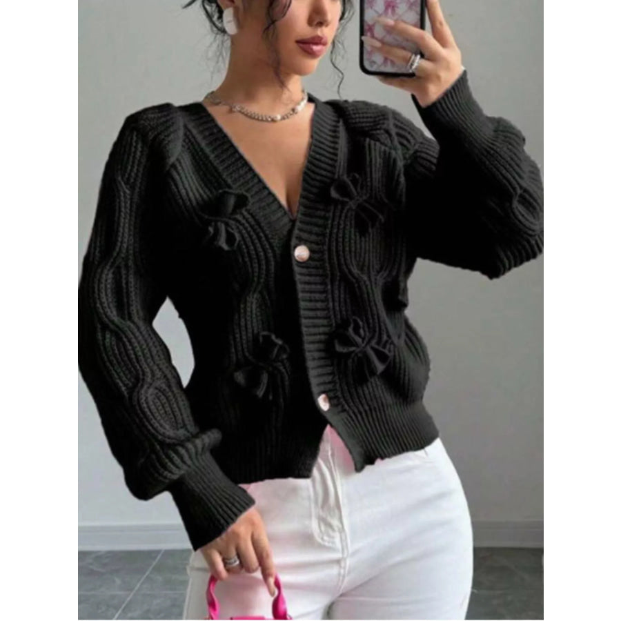 Bow Cable Knit V-Neck Cardigan Black / S Apparel and Accessories