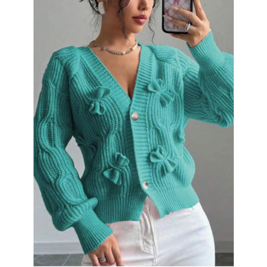 Bow Cable Knit V-Neck Cardigan Green / S Apparel and Accessories