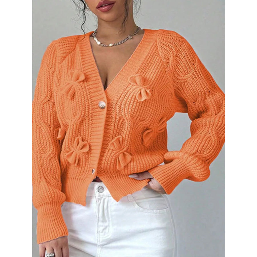 Bow Cable Knit V-Neck Cardigan Orange / S Apparel and Accessories