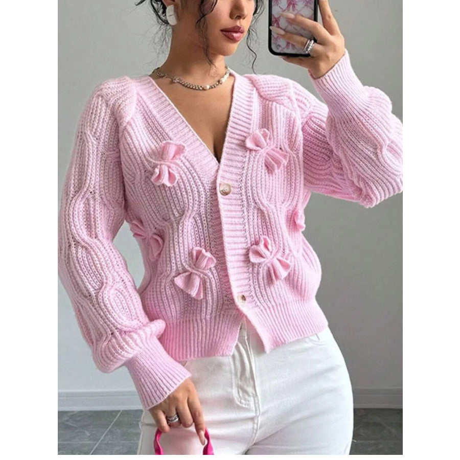 Bow Cable Knit V-Neck Cardigan Pink / S Apparel and Accessories