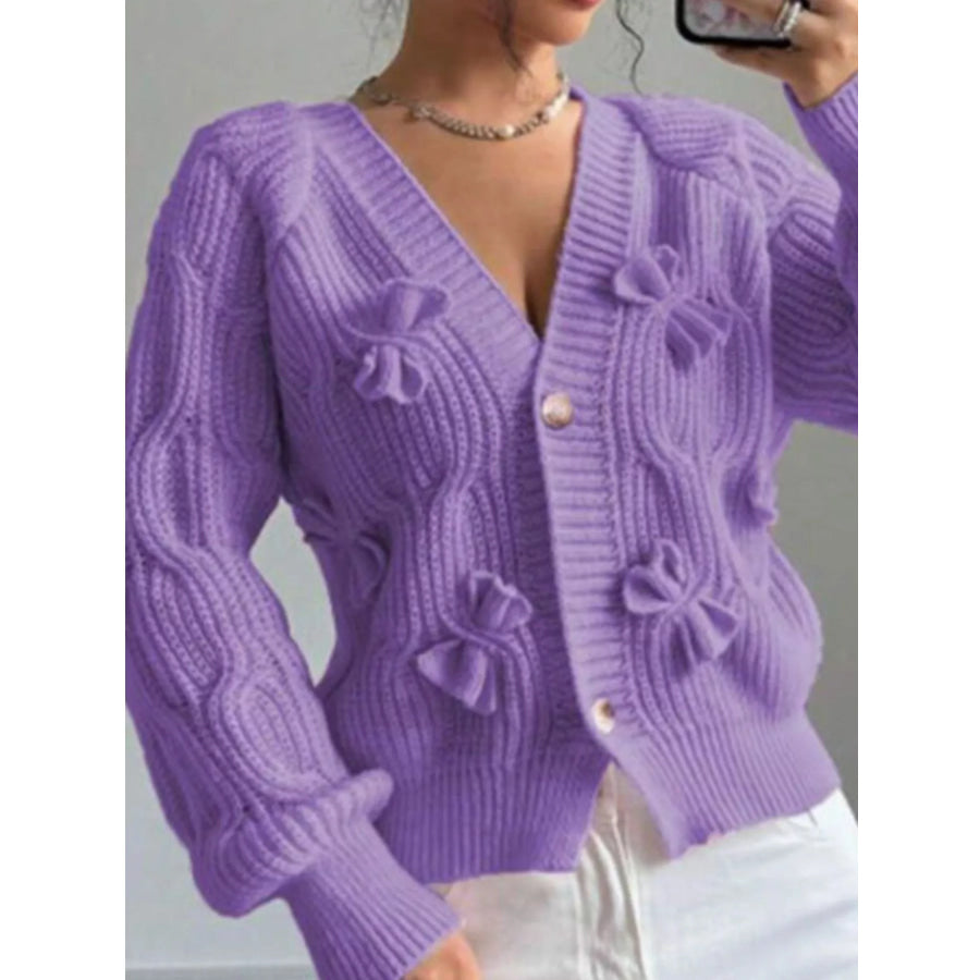 Bow Cable Knit V-Neck Cardigan Purple / S Apparel and Accessories