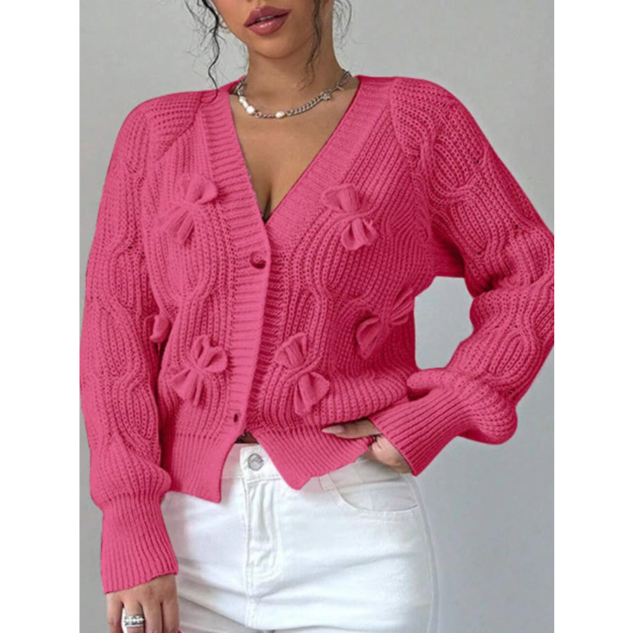 Bow Cable Knit V-Neck Cardigan Rose Red / S Apparel and Accessories