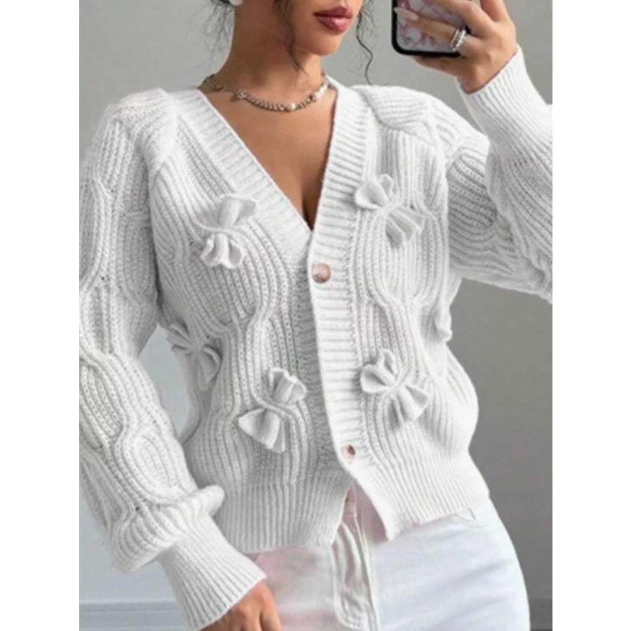 Bow Cable Knit V-Neck Cardigan White / S Apparel and Accessories