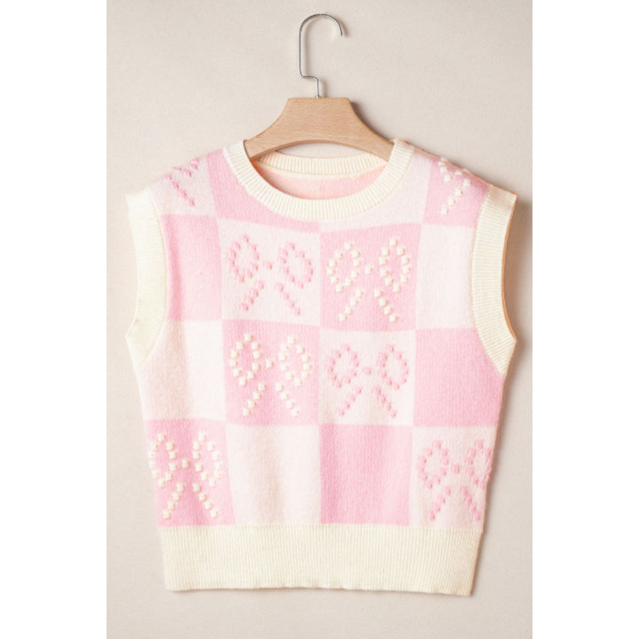 Bow Checkered Round Neck Sweater Vest Apparel and Accessories