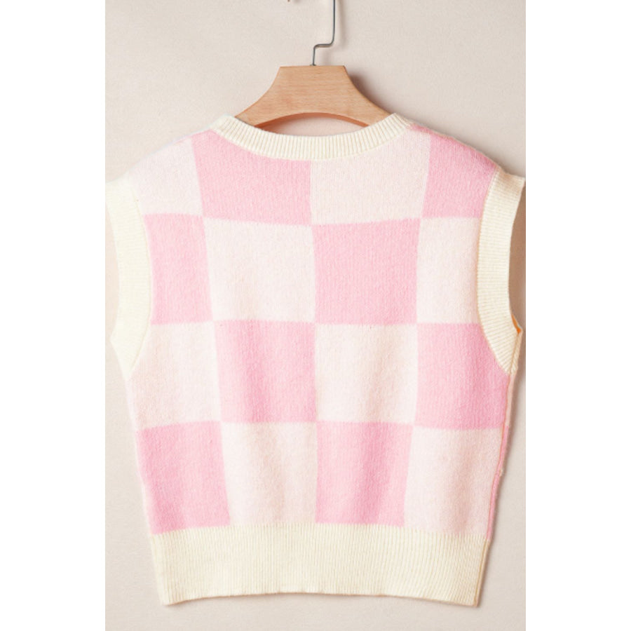 Bow Checkered Round Neck Sweater Vest Apparel and Accessories