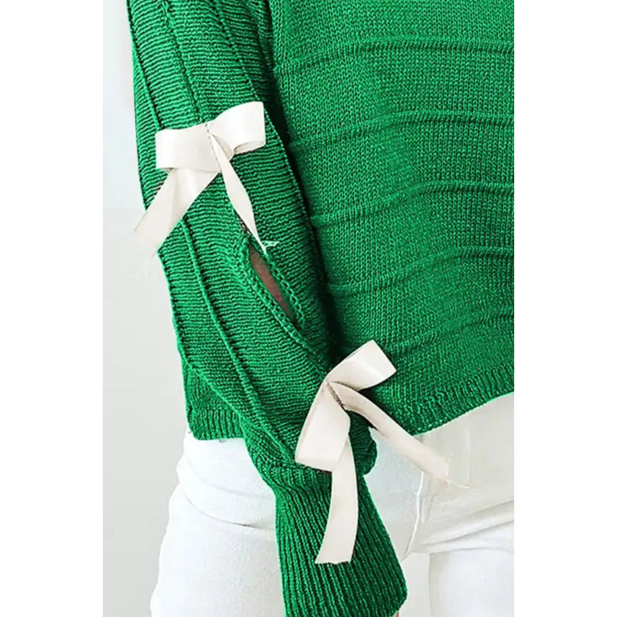 Bow Cutout Round Neck Long Sleeve Knit Top Dark Green / S Apparel and Accessories