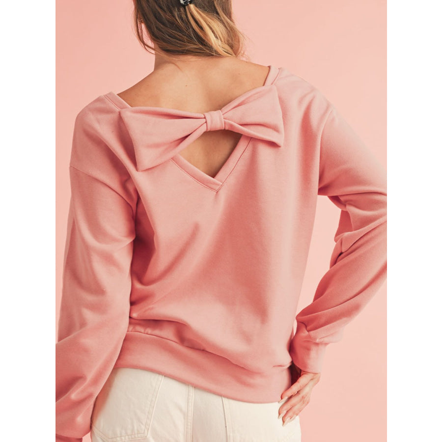 Bow Cutout Round Neck Long Sleeve Sweatshirt Burnt Coral / S Apparel and Accessories