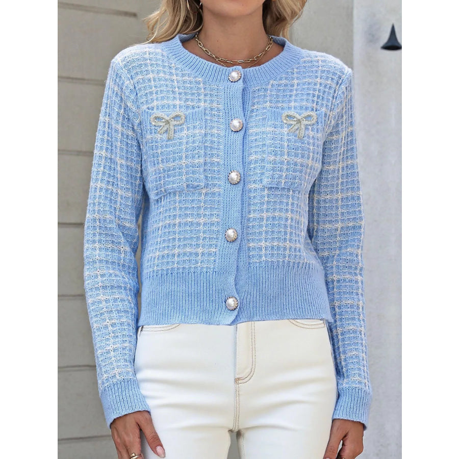 Bow Decor Button Up Cardigan Apparel and Accessories