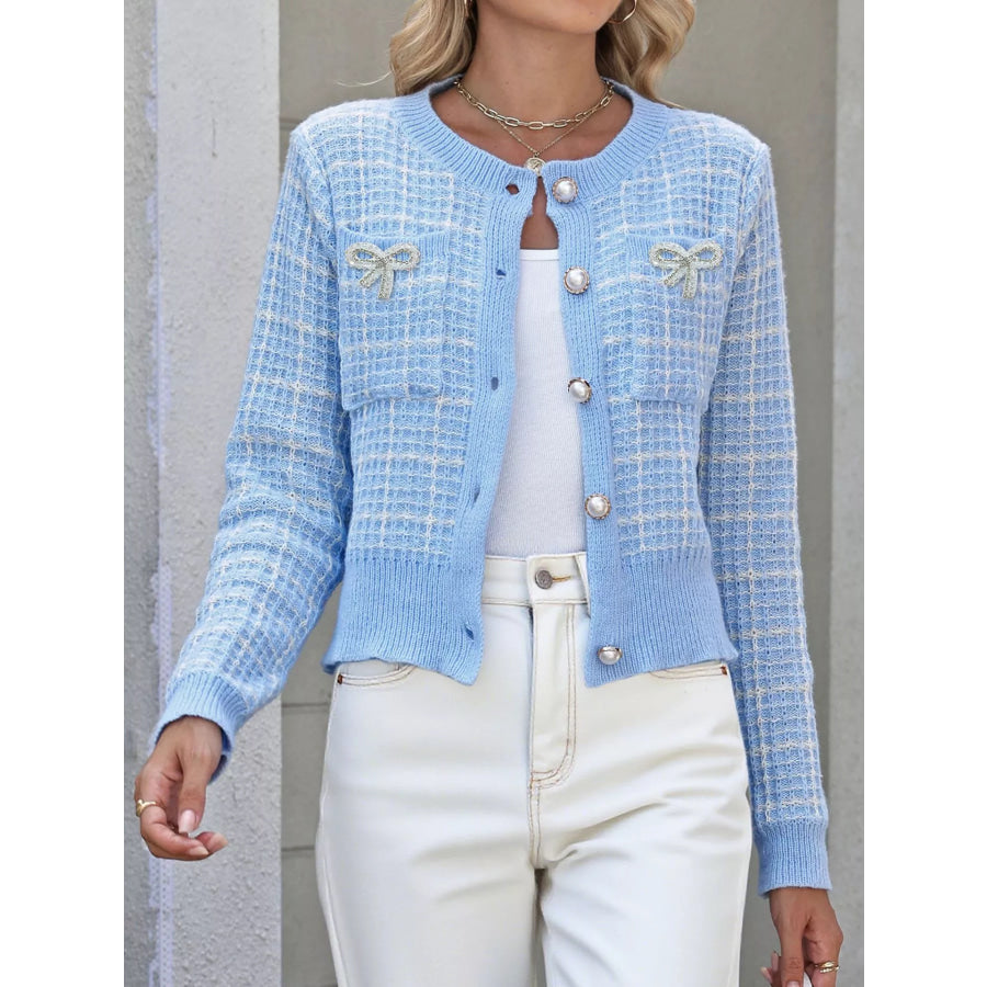 Bow Decor Button Up Cardigan Apparel and Accessories
