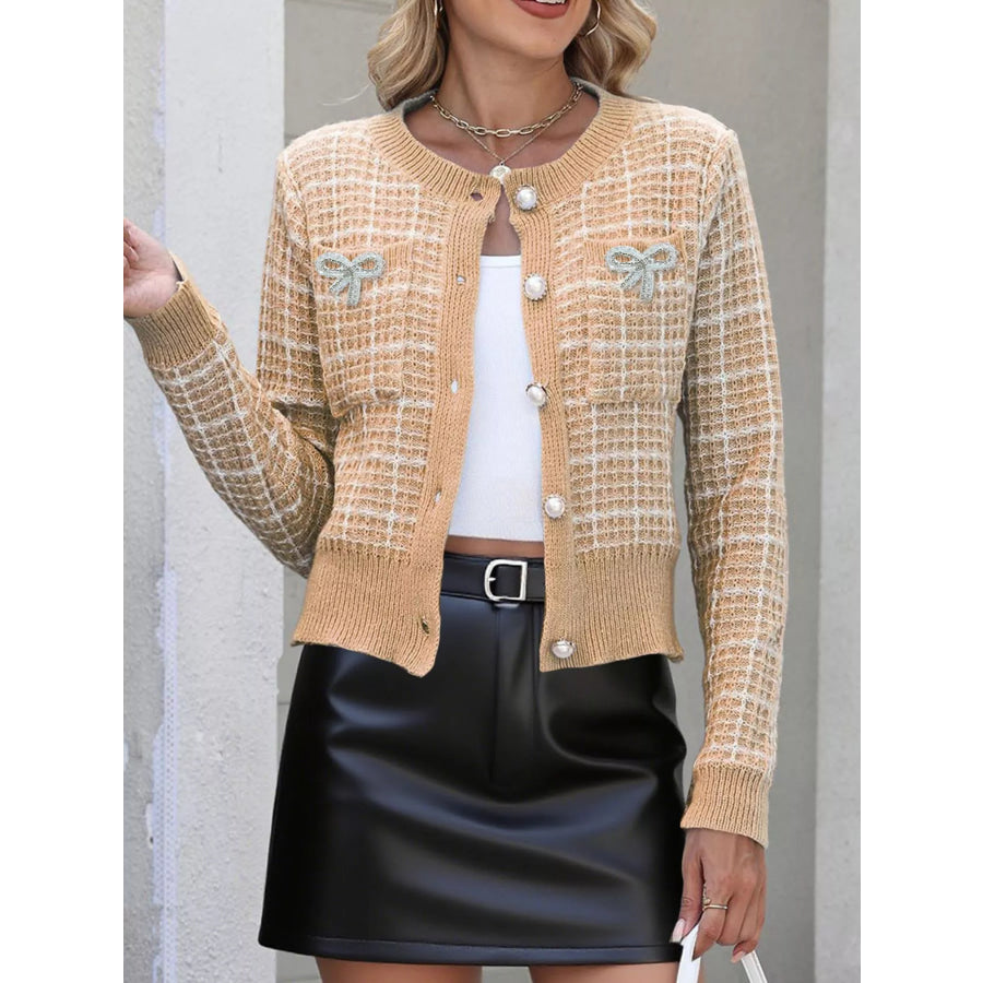 Bow Decor Button Up Cardigan Apparel and Accessories
