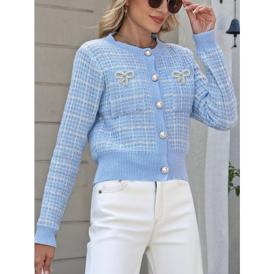 Bow Decor Button Up Cardigan Apparel and Accessories