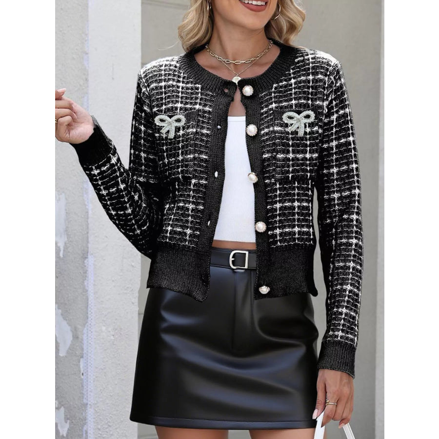 Bow Decor Button Up Cardigan Black / S Apparel and Accessories