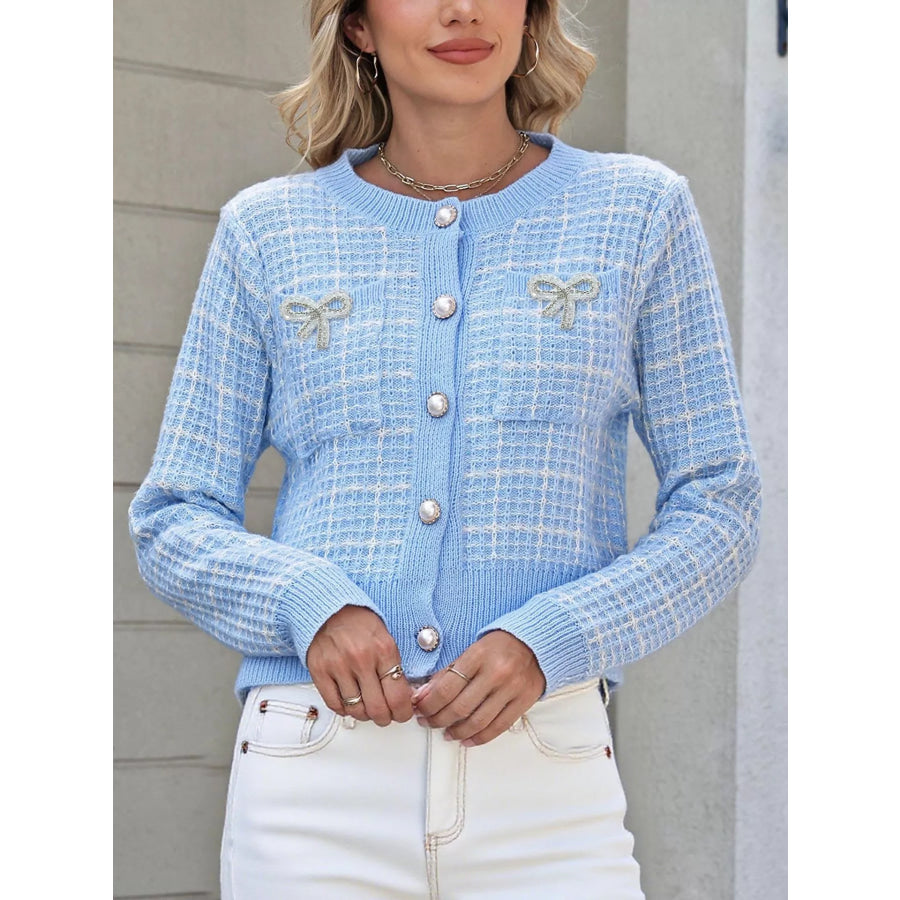 Bow Decor Button Up Cardigan Light Blue / S Apparel and Accessories