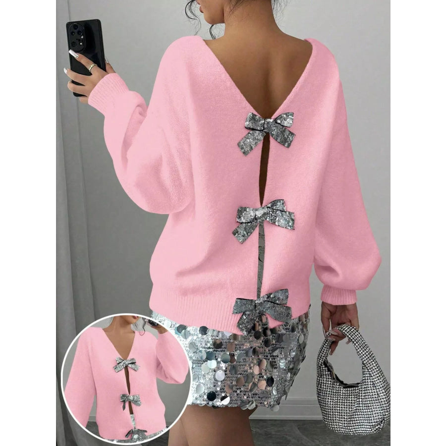 Bow-Decor Dropped Shoulder Knit Cardigan Pink / S Apparel and Accessories