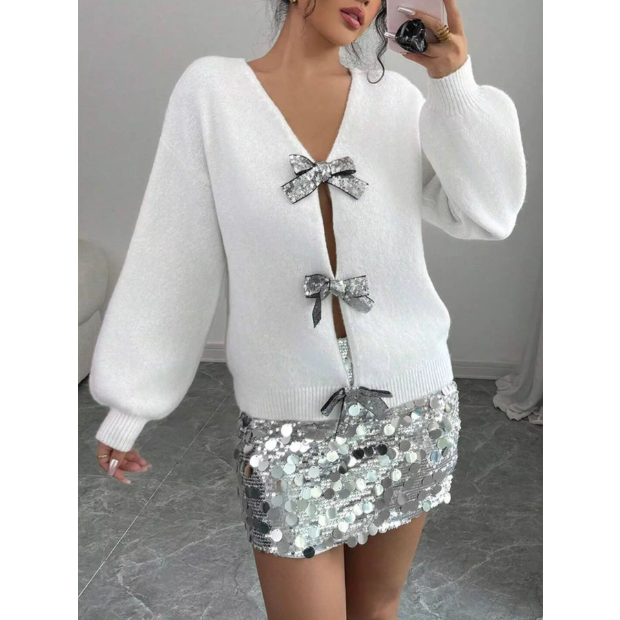 Bow-Decor Dropped Shoulder Knit Cardigan White / S Apparel and Accessories