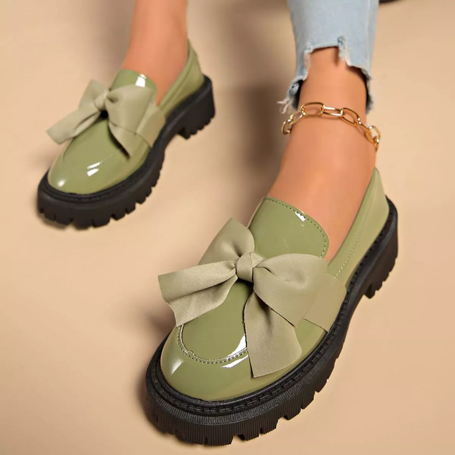 Bow Decor Round Toe Loafers Army Green / 36 Apparel and Accessories