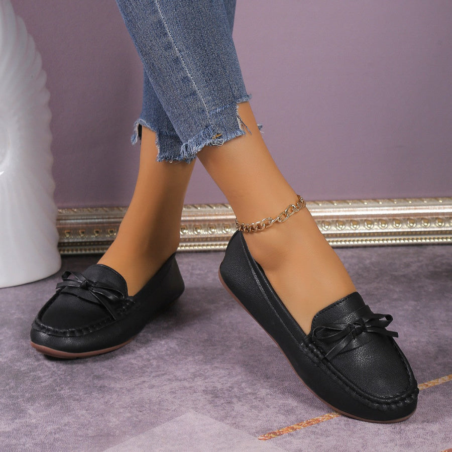 Bow Decor Round Toe Slip-Ons Black / 36 Apparel and Accessories