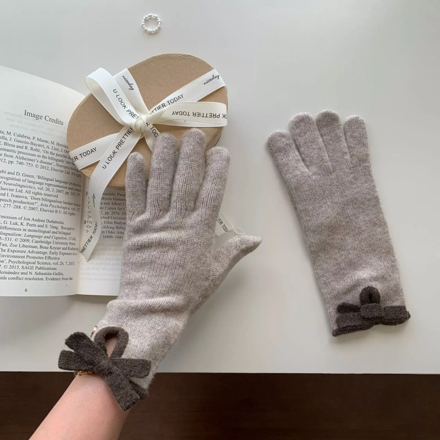 Bow-Decorated Knit Gloves Beige / One Size Apparel and Accessories