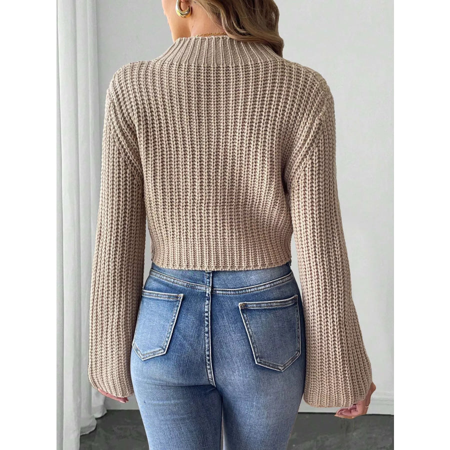 Bow-Decorated Mock Neck Cropped Sweater Apparel and Accessories