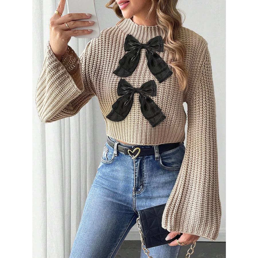 Bow-Decorated Mock Neck Cropped Sweater Apparel and Accessories