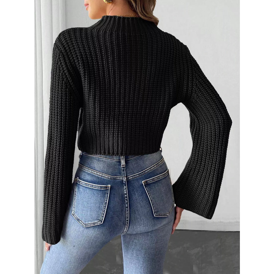 Bow-Decorated Mock Neck Cropped Sweater Apparel and Accessories
