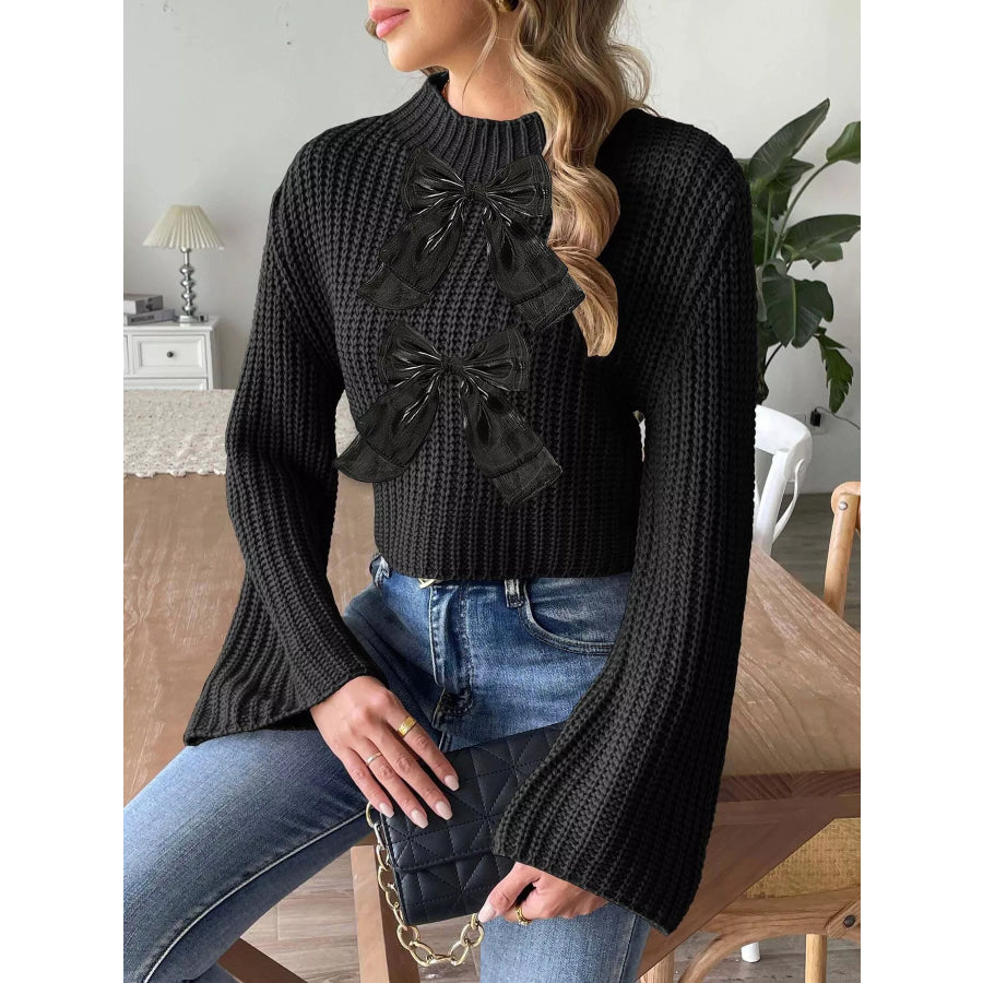 Bow-Decorated Mock Neck Cropped Sweater Apparel and Accessories