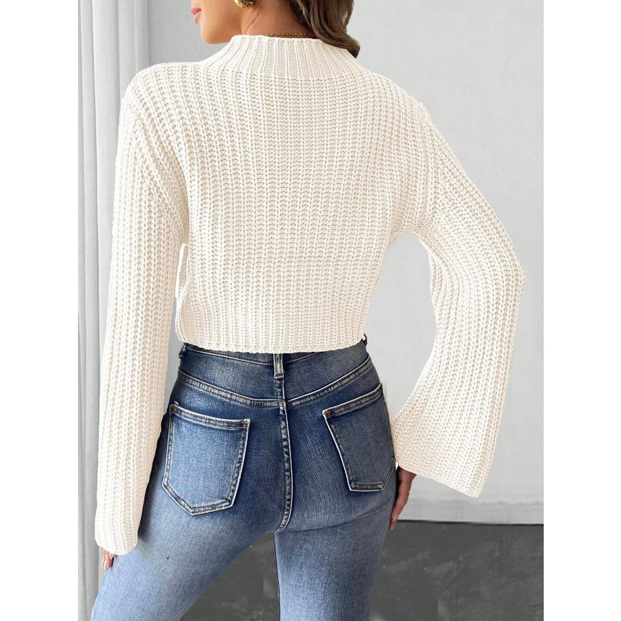 Bow-Decorated Mock Neck Cropped Sweater Apparel and Accessories