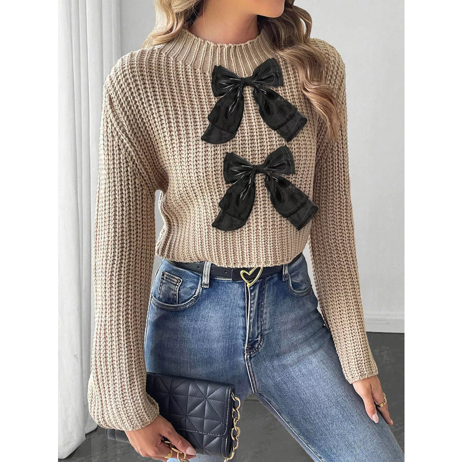 Bow-Decorated Mock Neck Cropped Sweater Apparel and Accessories