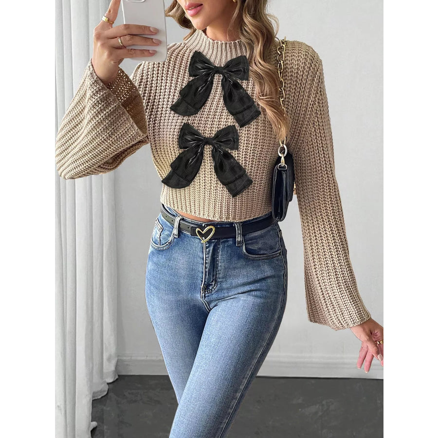 Bow-Decorated Mock Neck Cropped Sweater Khaki / S Apparel and Accessories