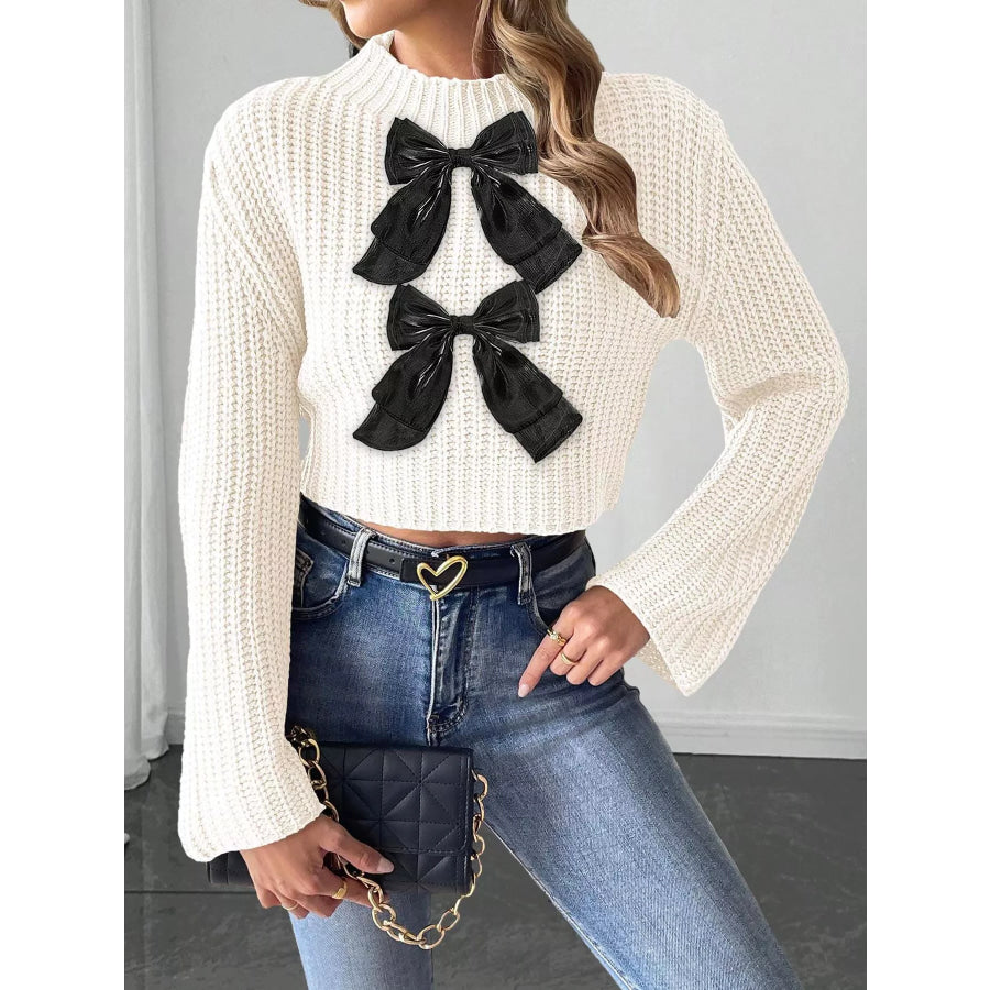 Bow-Decorated Mock Neck Cropped Sweater White / S Apparel and Accessories