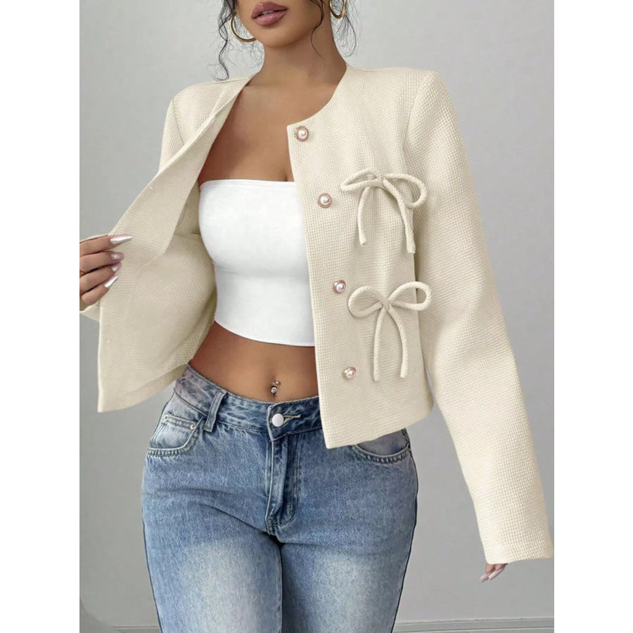 Bow Detail Cropped Outerwear Apparel and Accessories