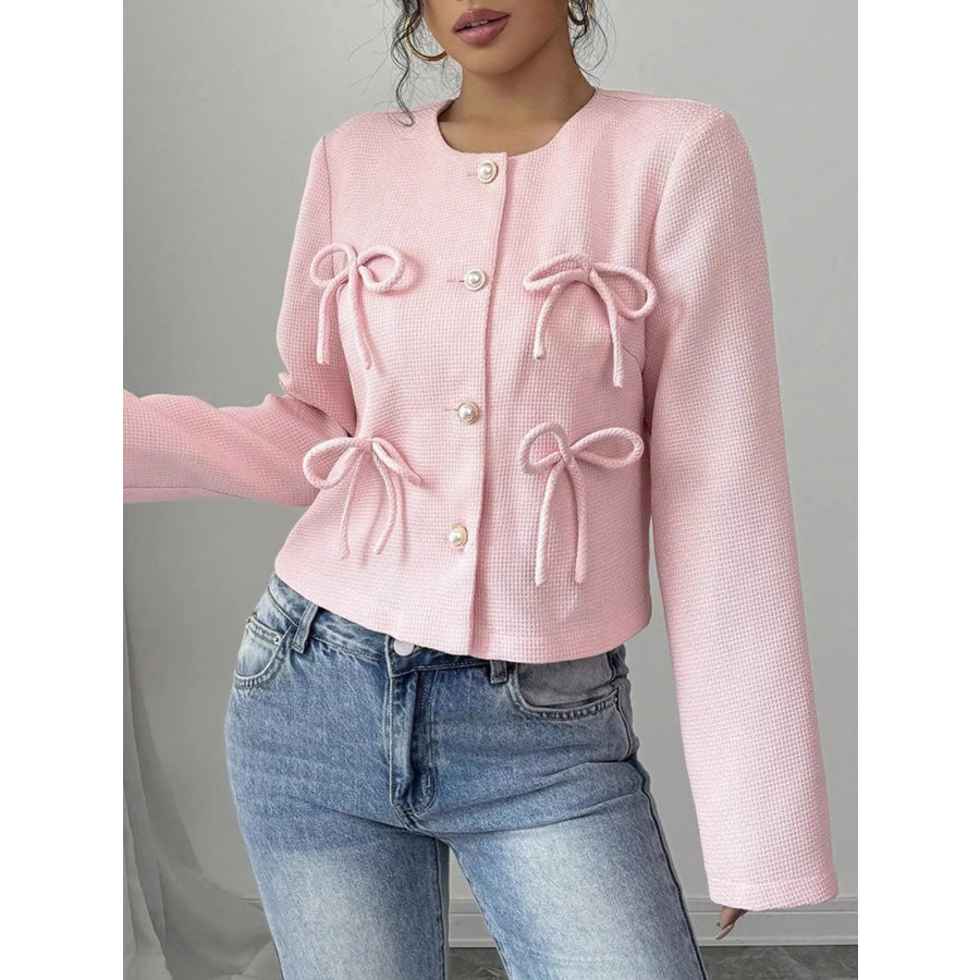 Bow Detail Cropped Outerwear Pink / S Apparel and Accessories