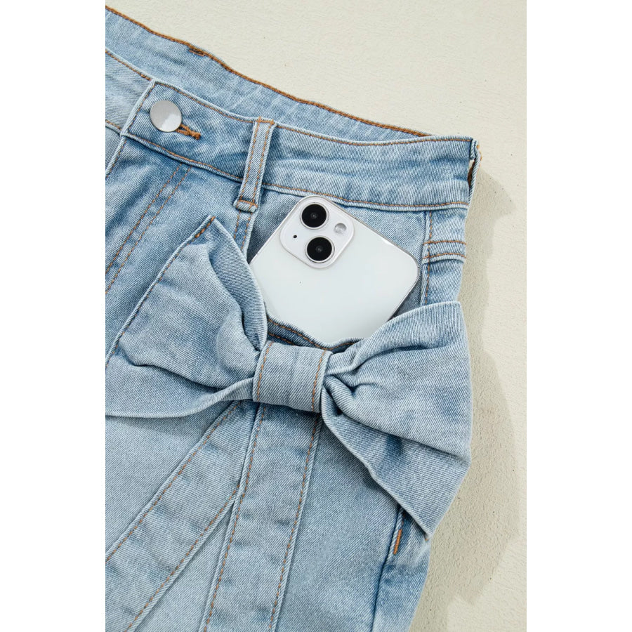 Bow Detail Denim Shorts with Pockets Apparel and Accessories