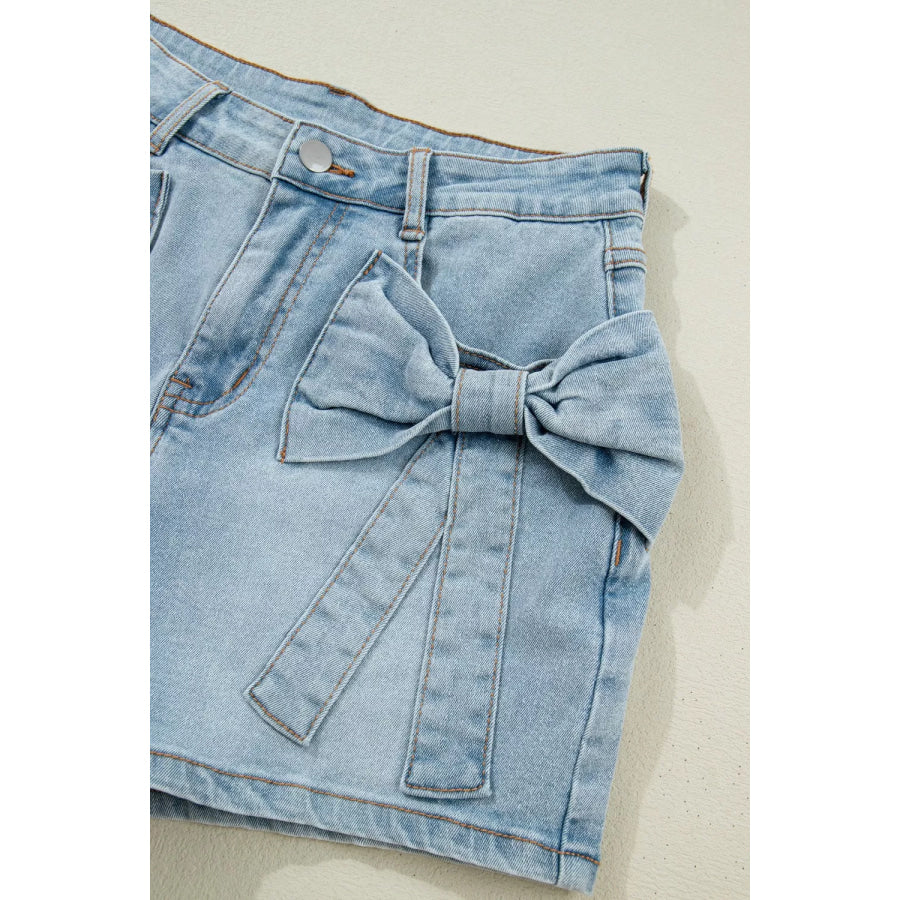 Bow Detail Denim Shorts with Pockets Apparel and Accessories