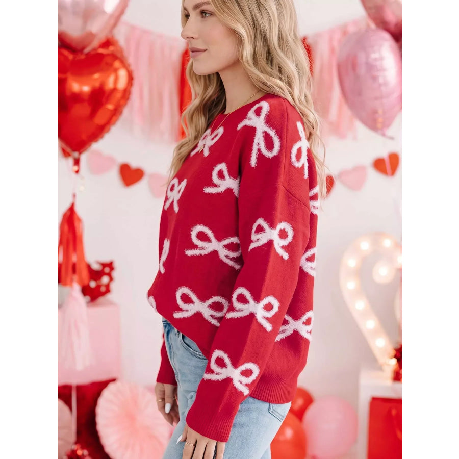 Bow Dropped Shoulder Round Neck Shift Sweater Apparel and Accessories