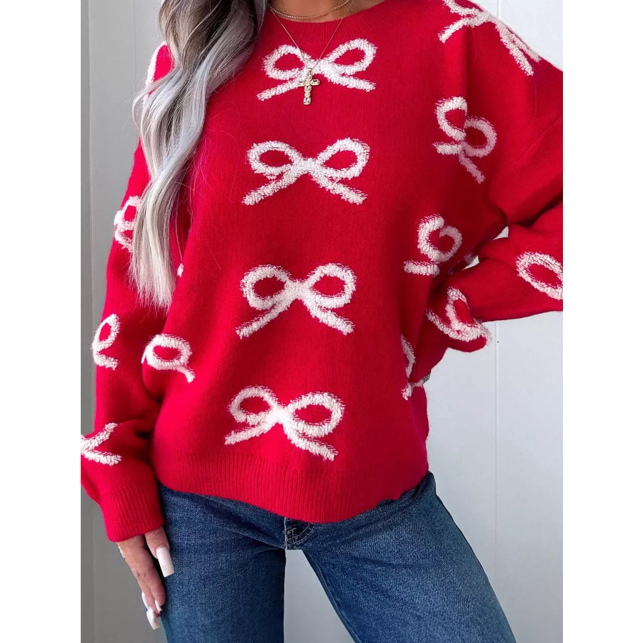Bow Dropped Shoulder Round Neck Shift Sweater Deep Red / S Apparel and Accessories