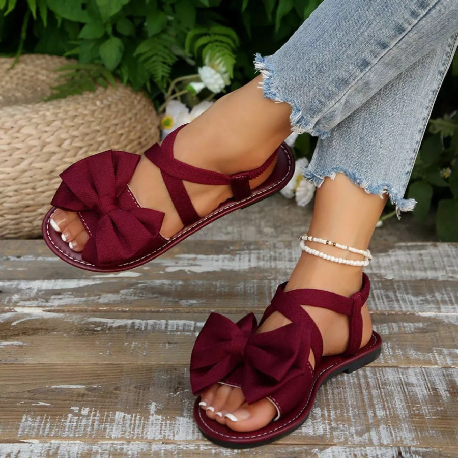Bow Embellished Flat Sandals Burgundy / 36 Apparel and Accessories
