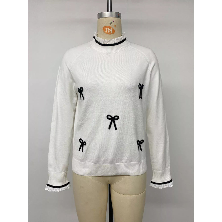 Bow-Embellished Lace Trim Sweater Apparel and Accessories