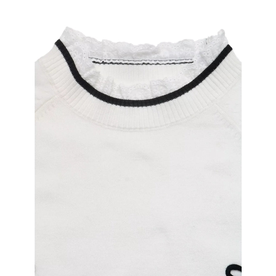 Bow-Embellished Lace Trim Sweater Apparel and Accessories