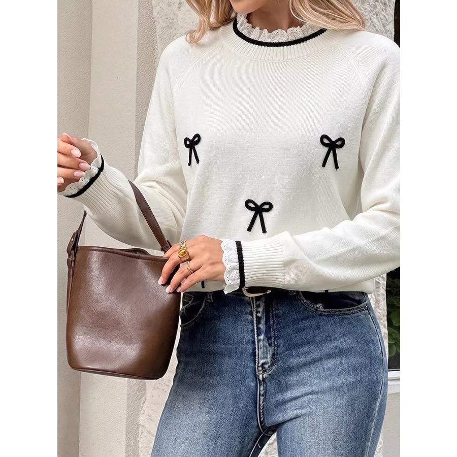 Bow-Embellished Lace Trim Sweater Apparel and Accessories