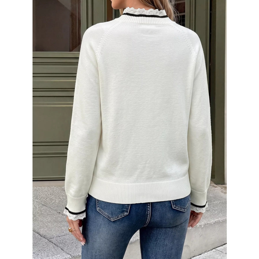 Bow-Embellished Lace Trim Sweater Apparel and Accessories