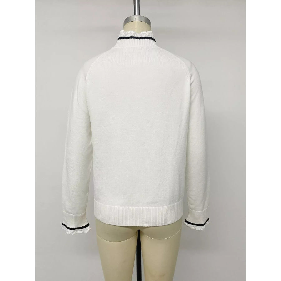 Bow-Embellished Lace Trim Sweater Apparel and Accessories
