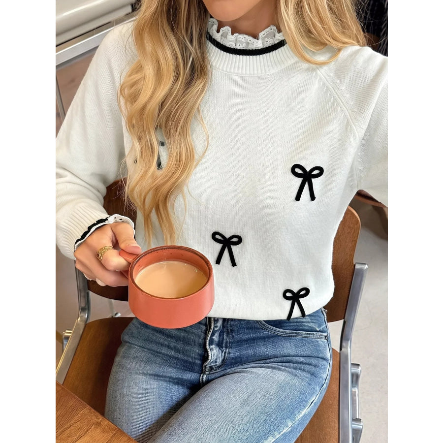 Bow-Embellished Lace Trim Sweater Apparel and Accessories