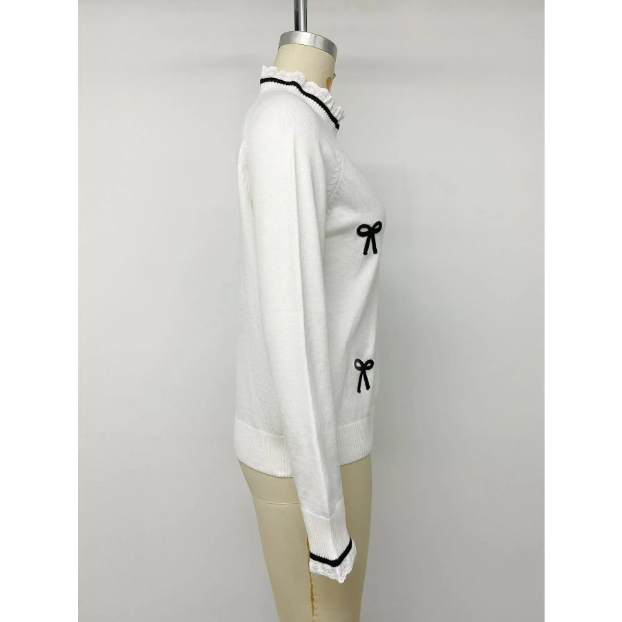 Bow-Embellished Lace Trim Sweater Apparel and Accessories