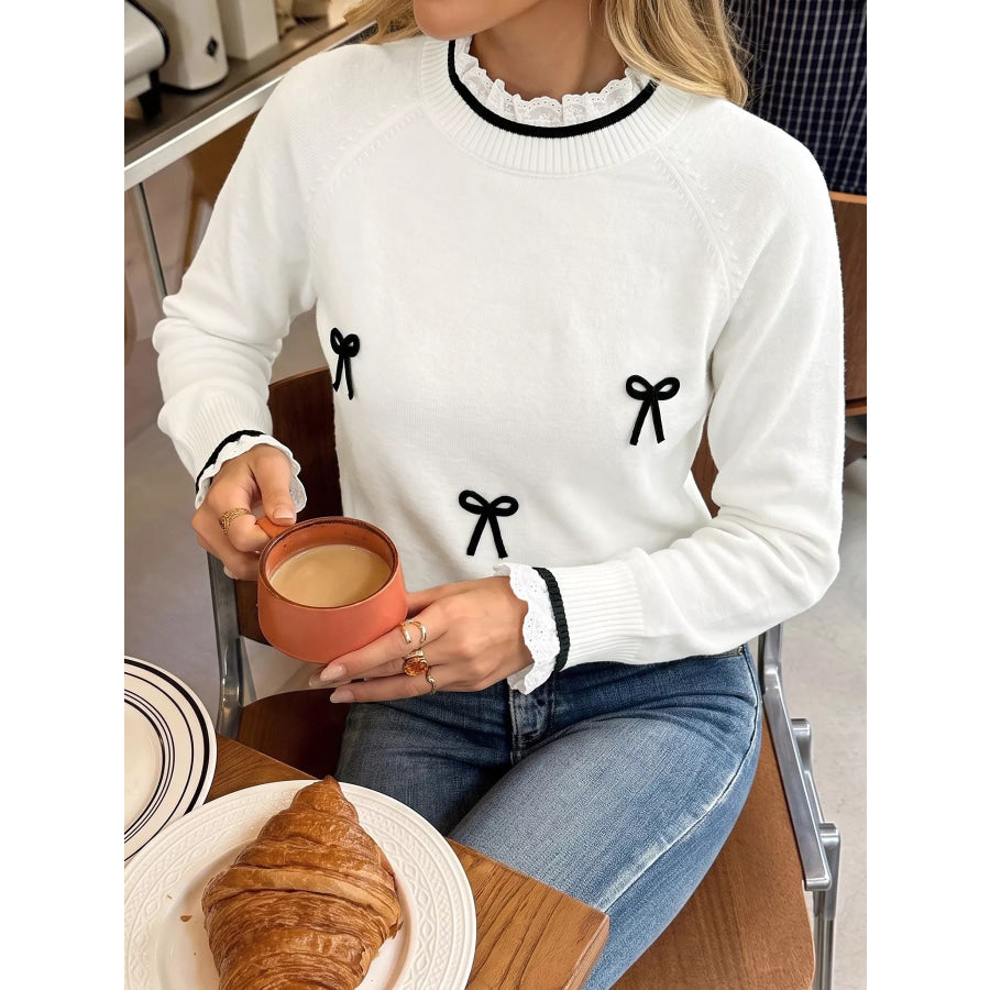 Bow-Embellished Lace Trim Sweater Apparel and Accessories